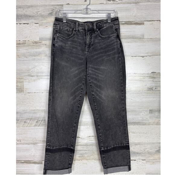NYDJ Women’s 2 Gray Washed Denim Jeans Distressed Black Cuff Straight Zip - Picture 1 of 4